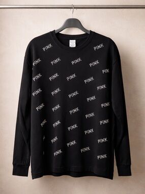 PINK Victoria's Secret Black Long-Sleeve Crew with Studded Logo Pattern